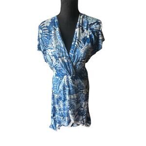America & Beyond Blue Floral Faux Wrap Dress – Tropical Resort Boho Style